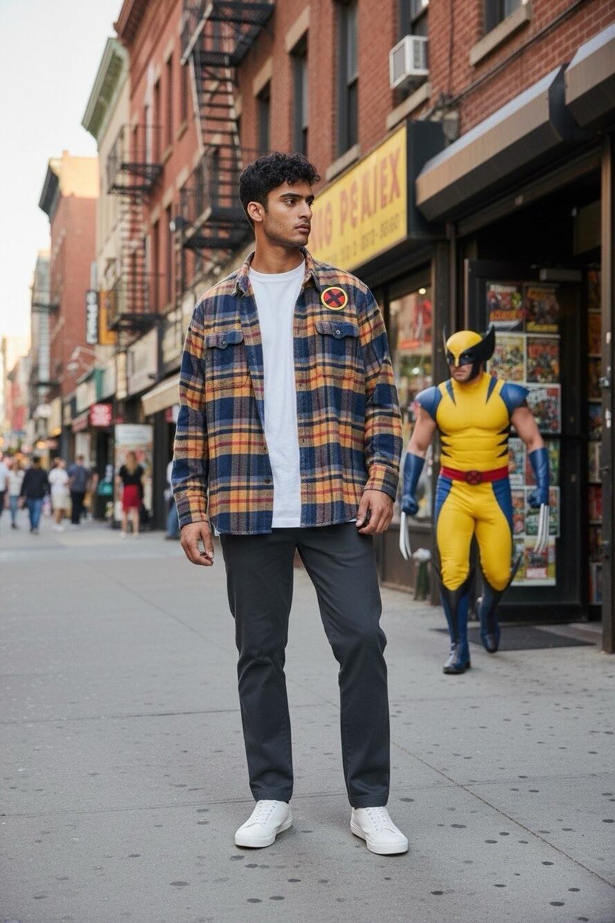 UPCYCLED George Brown Blue Red 2XL Flannel Long Sleeve Marvel X-Men Wolverine
